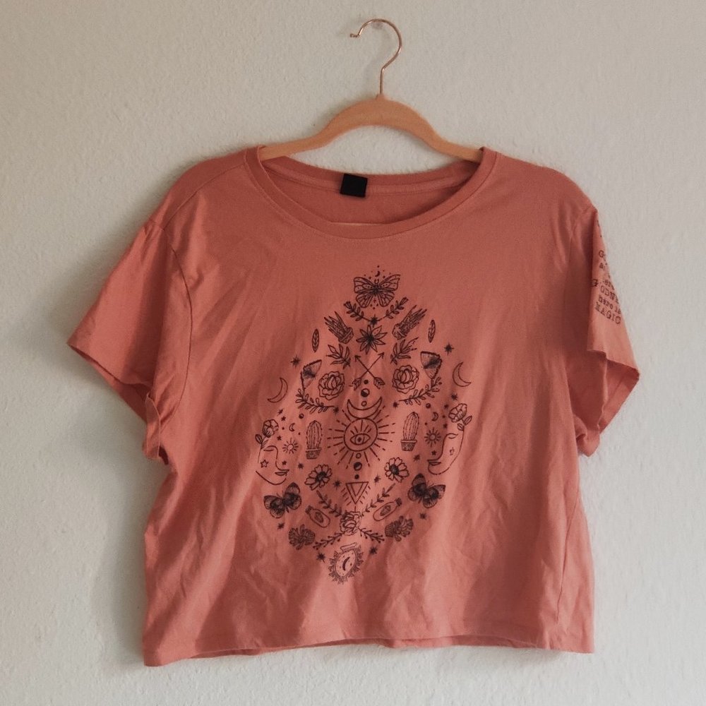 Short Sleeved Whimsigoth Peach Crop Top with Black Witchy Decal from Vibe N'